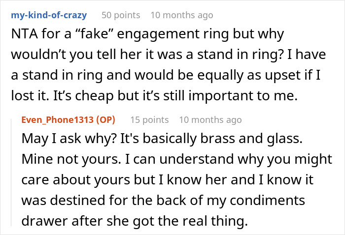 Reddit discussion on swapping real engagement ring for a fake one, sparking a breakup.