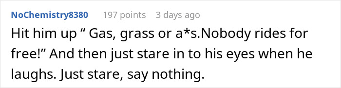 Text screenshot with a humorous comment about unspoken daily carpool agreements.