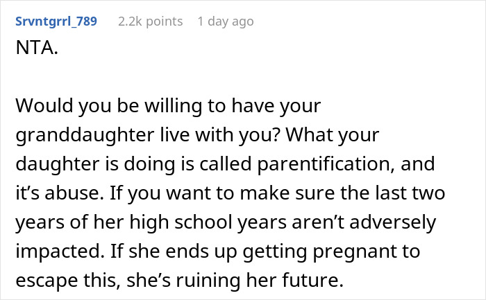 Text from a forum discussing concerns about a teenager staying up with newborn siblings, mentioning parentification. Text from a forum discussing concerns about a teenager staying up with newborn siblings, mentioning parentification.