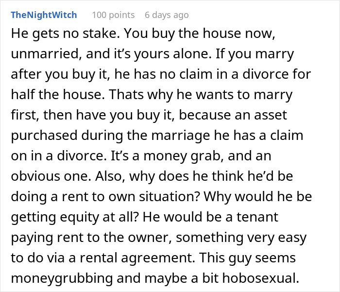 Text exchange about property buying and relationship implications.