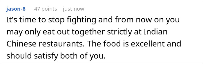 Comment on Indian Chinese restaurant solution for MIL and DIL cooking conflict. Comment on Indian Chinese restaurant solution for MIL and DIL cooking conflict.