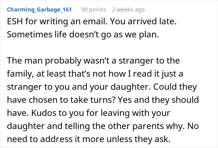 Comment discussing a mother taking her daughter home from a birthday party.