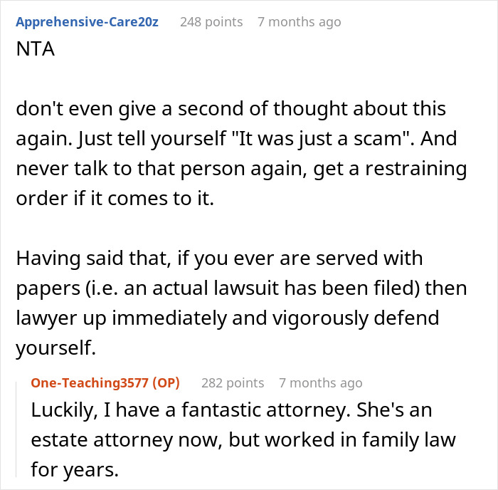 Supportive online comments about legal advice for refusing money to affair child.