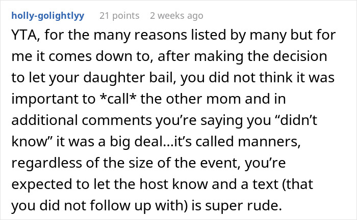 Text comment calling out a parent for prioritizing a family trip over daughter's promised plans with friends.