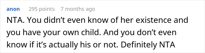 Reddit comment discussing a woman's refusal to share money with her late husband's affair child.