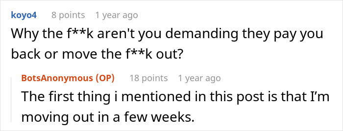 Comment exchange about moving out due to vegetarian roommates eating food. Comment exchange about moving out due to vegetarian roommates eating food.