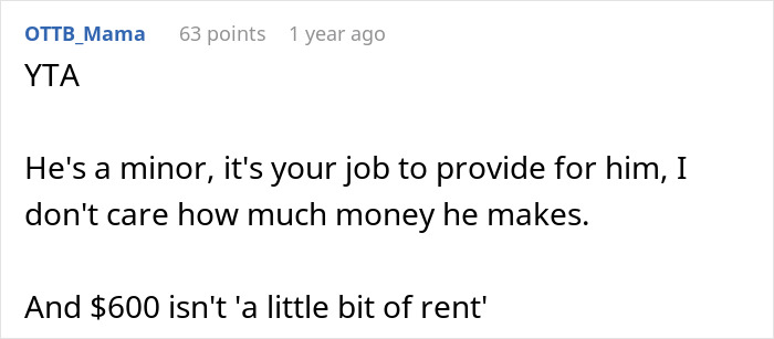 Reddit comment criticizing a woman charging her 17-year-old son $600 in rent.