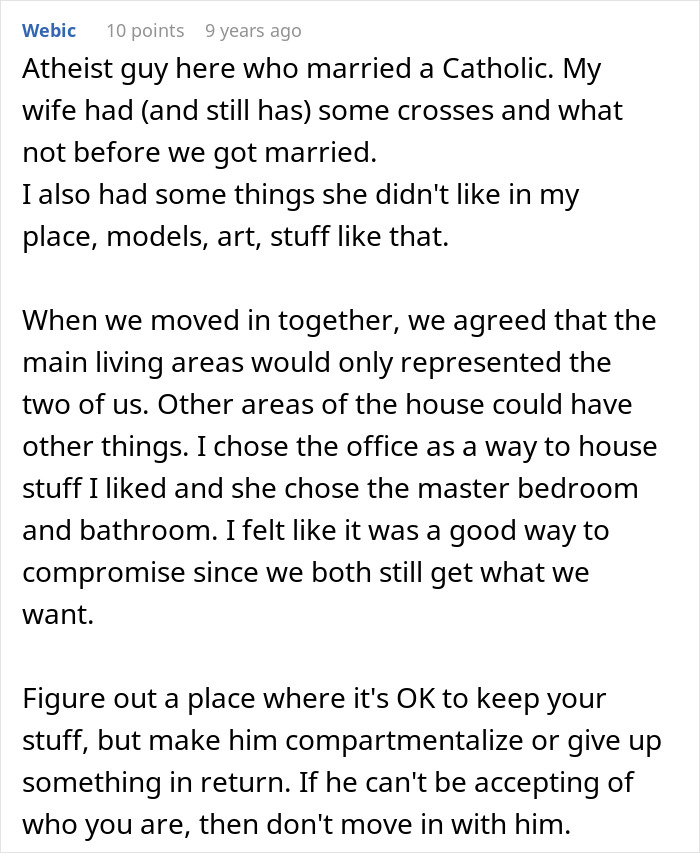 Text discussing relationship compromises related to choosing religion over personal preferences.