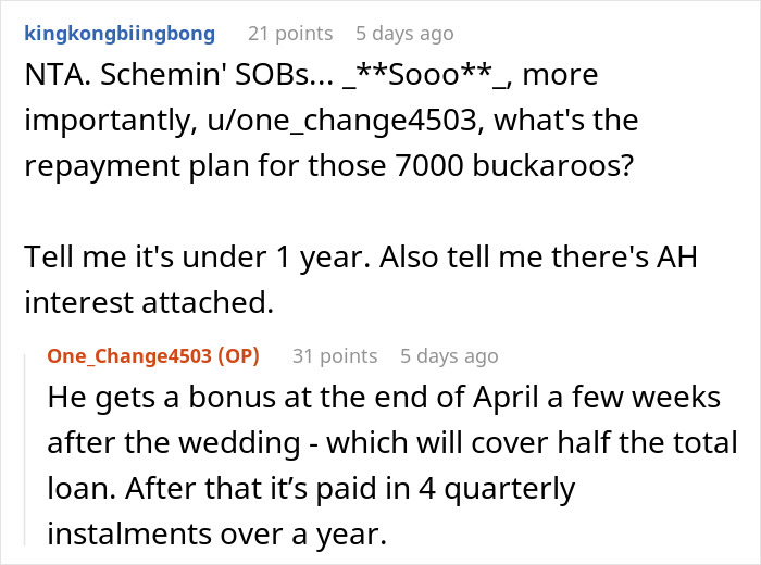 Reddit comments discussing repayment plan for funding wedding expenses.