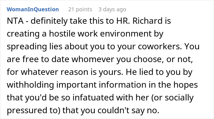 User comment discussing relationship choices and workplace issues.