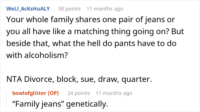 Reddit comments joking about family genes and alcoholism, with a play on the word "jeans.