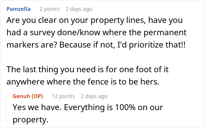 Reddit comments discussing property lines and a fence with concerns about placement in an OCD context.