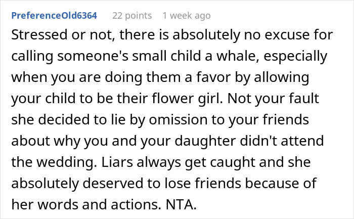 Reddit comment defending skipping a friend's wedding due to an insult toward a child. Reddit comment defending skipping a friend's wedding due to an insult toward a child.