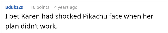 Comment referencing Karen meme about her plan failing with a shocked Pikachu face description.