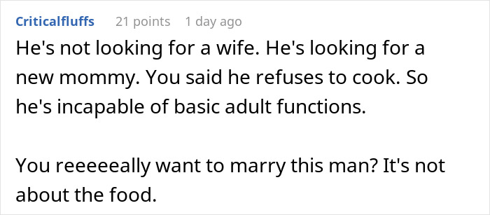 Text comment about a man refusing Hispanic cooking, questioning marriage readiness.