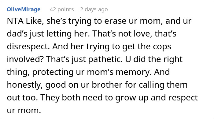 Comment supporting a woman accused of stealing by defending her late mom's memory.