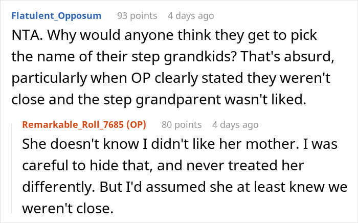Reddit comment debate about naming a baby after a step-grandparent, showing differing opinions and reactions.