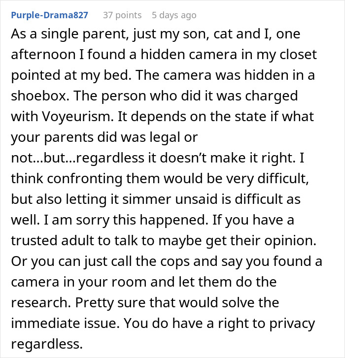 Text post discussing discovery of a hidden camera in a bedroom and addressing privacy concerns. Text post discussing discovery of a hidden camera in a bedroom and addressing privacy concerns.