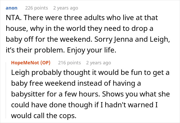 Reddit thread discussing babysitting refusal and family dispute over unwanted baby drop-off. Reddit thread discussing babysitting refusal and family dispute over unwanted baby drop-off.
