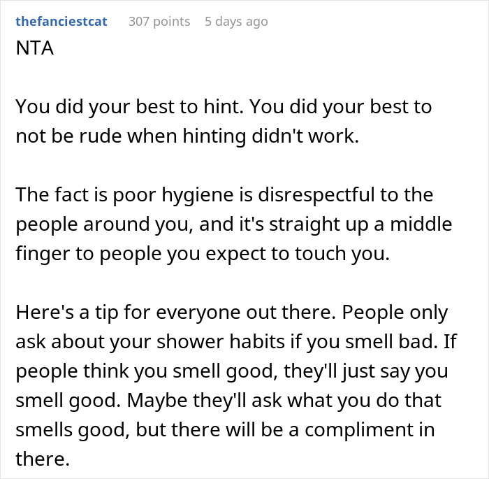 Reddit comment discussing poor hygiene and shower habits. Reddit comment discussing poor hygiene and shower habits.