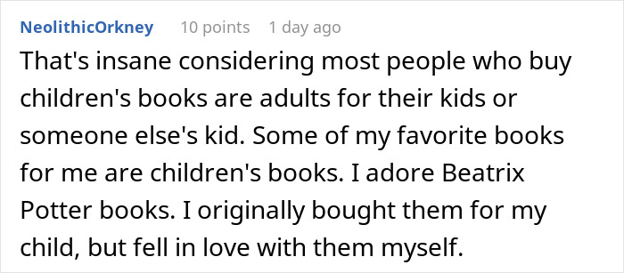 Comment discussing adults buying children's books, mentioning Beatrix Potter favorites.