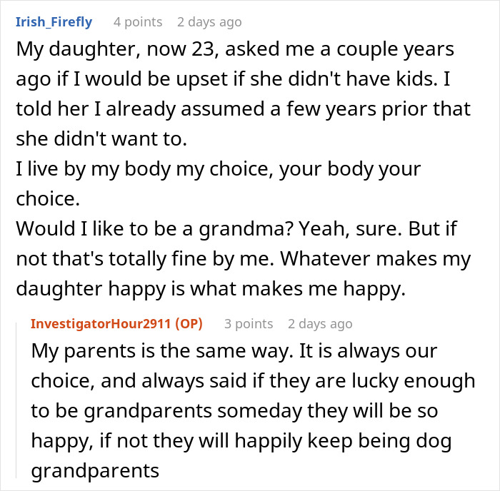 Reddit conversation discussing choice and happiness regarding having kids and becoming grandparents. Reddit conversation discussing choice and happiness regarding having kids and becoming grandparents.