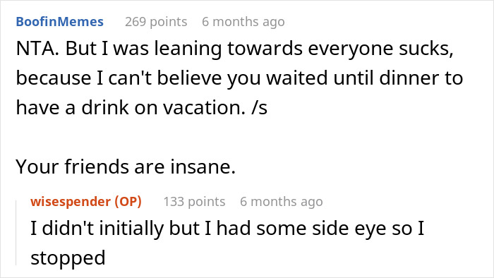 Screenshot of a conversation about friends being upset with a child-free woman on vacation.