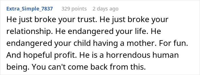 Text comment about husband's prank that endangered wife's life and trust.