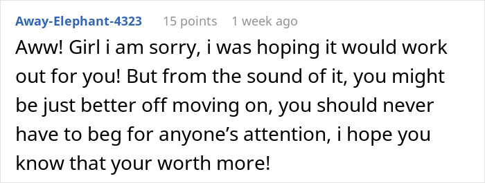 Comment expressing sympathy over BF canceling date night with GF, advising her to move on and know her worth.
