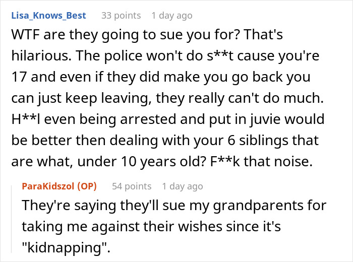 Text exchange discussing legal issues about moving in with grandparents. Text exchange discussing legal issues about moving in with grandparents.