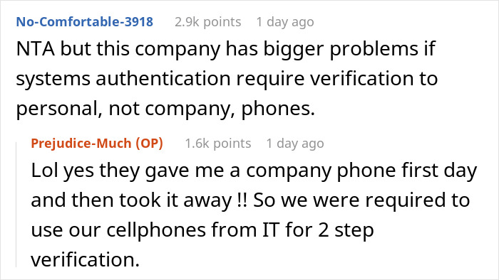 Reddit comments about a laid-off employee discussing two-factor authentication issues with a company phone.