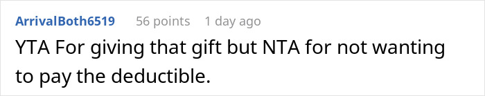 Comment discussing responsibility for hospital bill after gift incident. Comment discussing responsibility for hospital bill after gift incident.