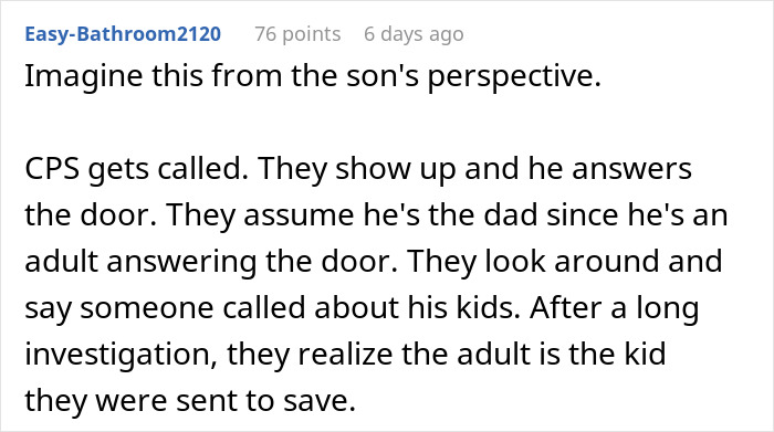 Text post about child services mistaking son for his own parent at home alone.
