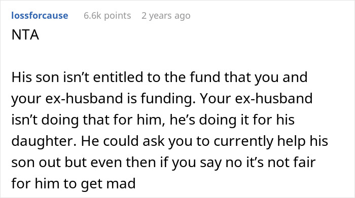 Reddit comment discussing entitlement and college fund for a daughter, mentioning a wife and ex-husband.