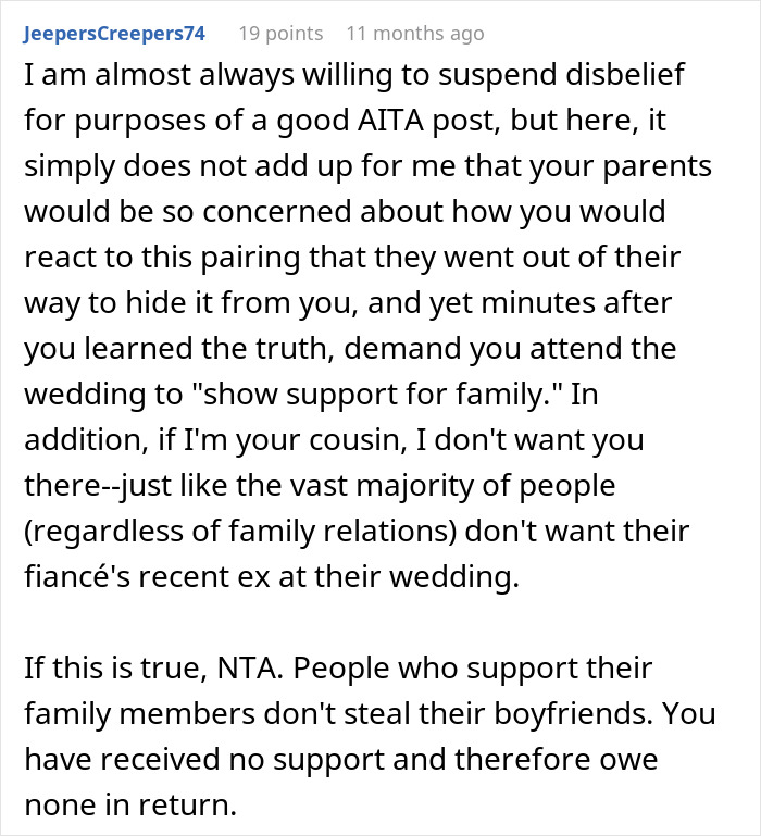 Text post discussing a guy marrying his ex-girlfriend's cousin, touching on family reactions and support issues.