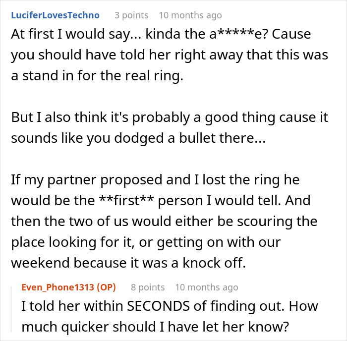 Reddit comments discussing swapping a real ring for a fake one impacting an engagement.