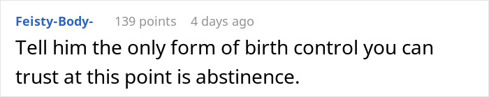 Comment discussing sterilization and trust in birth control methods.
