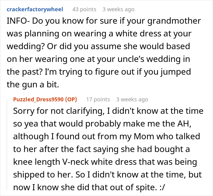Reddit comments discussing a bride's request for her grandmother not to wear white to the wedding.