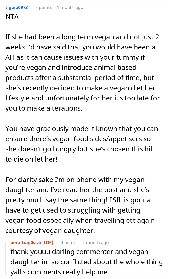 Reddit comment discussing vegan issues and wedding menu changes, related to a two-week vegan experience.