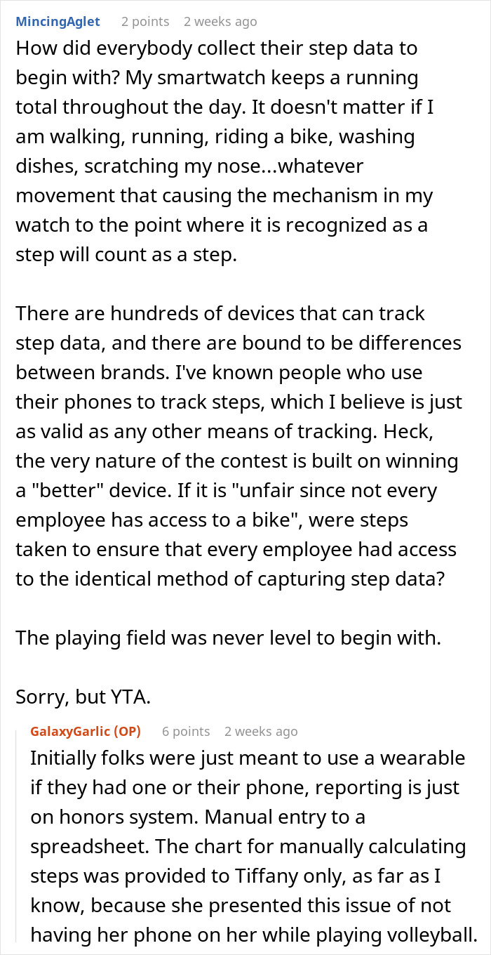 Comments discussing discrepancies in a coworker walking competition, addressing step data collection. Comments discussing discrepancies in a coworker walking competition, addressing step data collection.