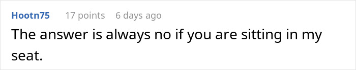 Comment by Hootn75 about passengers and seating disputes on a forum.