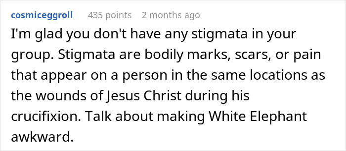 Text exchange discussing stigmata, with a humorous comment about awkwardness in a gift exchange.