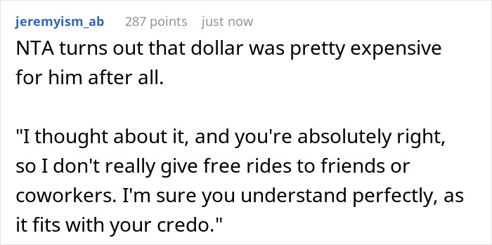 Screenshot of a Reddit comment discussing free rides and a dollar lent to a coworker.