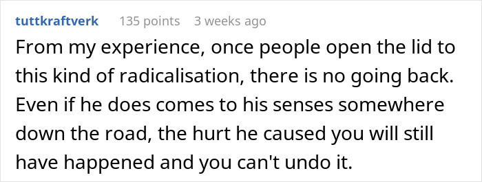 Forum comment discussing radicalization effects and irreversible consequences. Forum comment discussing radicalization effects and irreversible consequences.