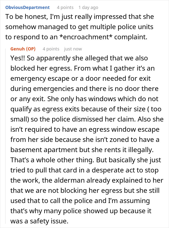 Comment thread discussing an OCD woman's police call over a neighbor&rsquo;s fence plan and egress issues.