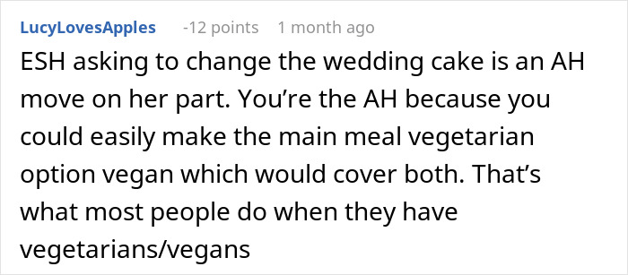 Comment discussing $1,500 wedding menu changes for vegan options and the suggestion to make meals vegetarian or vegan.