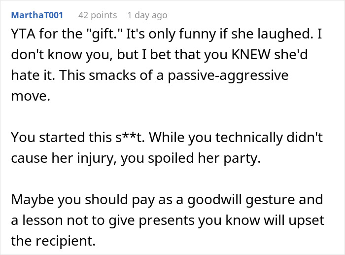 Comment criticizing a man for giving an unwanted gift, suggesting he should pay a hospital bill. Comment criticizing a man for giving an unwanted gift, suggesting he should pay a hospital bill.