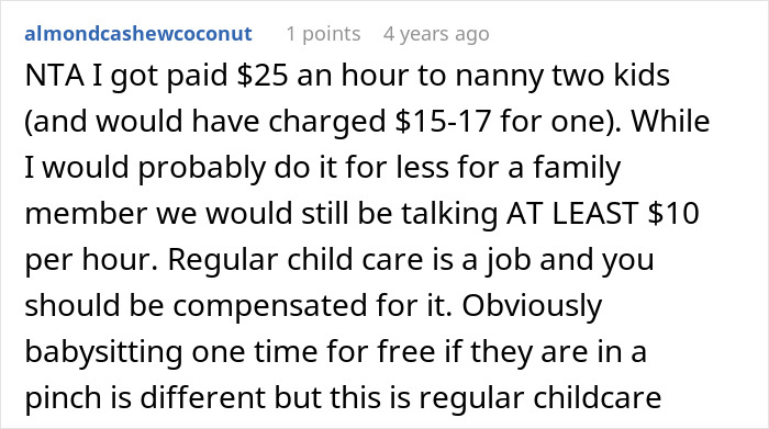 Screenshot of a Reddit comment discussing babysitting pay, highlighting childcare as a compensated job.