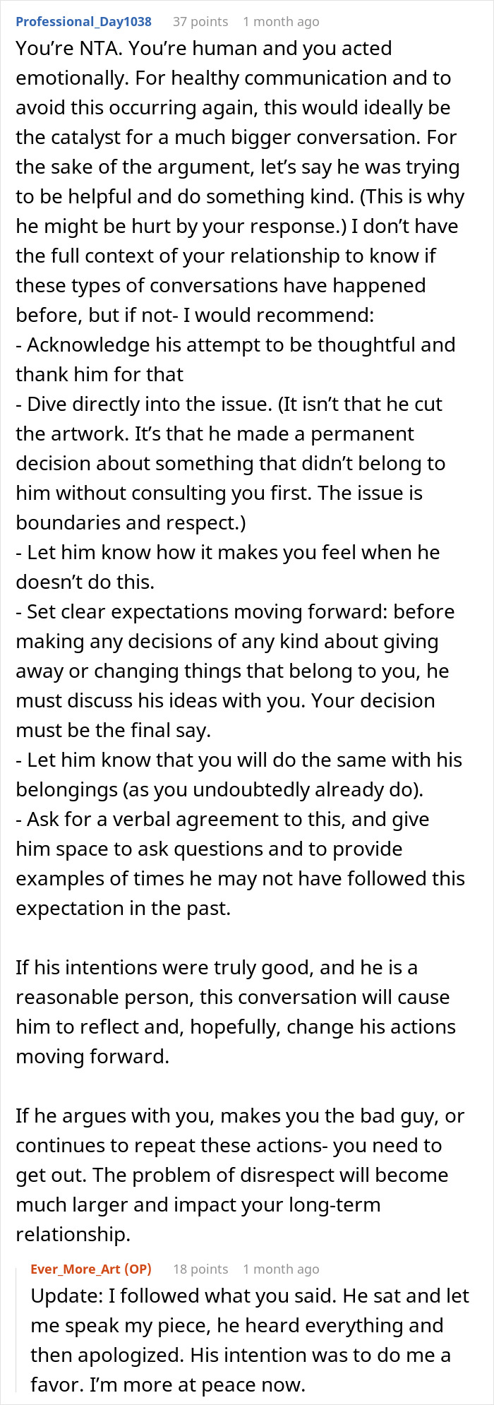 Text conversation discussing relationship advice after a boyfriend alters artwork.