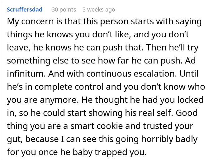 Reddit comment criticizing a man for trying to control his fianc&eacute;e, urging caution in starting a family.